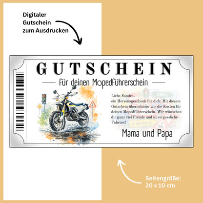 Mopedführerschein Gutschein Herzensgeschenk Enduro blau-gelb Aquarell Motiv