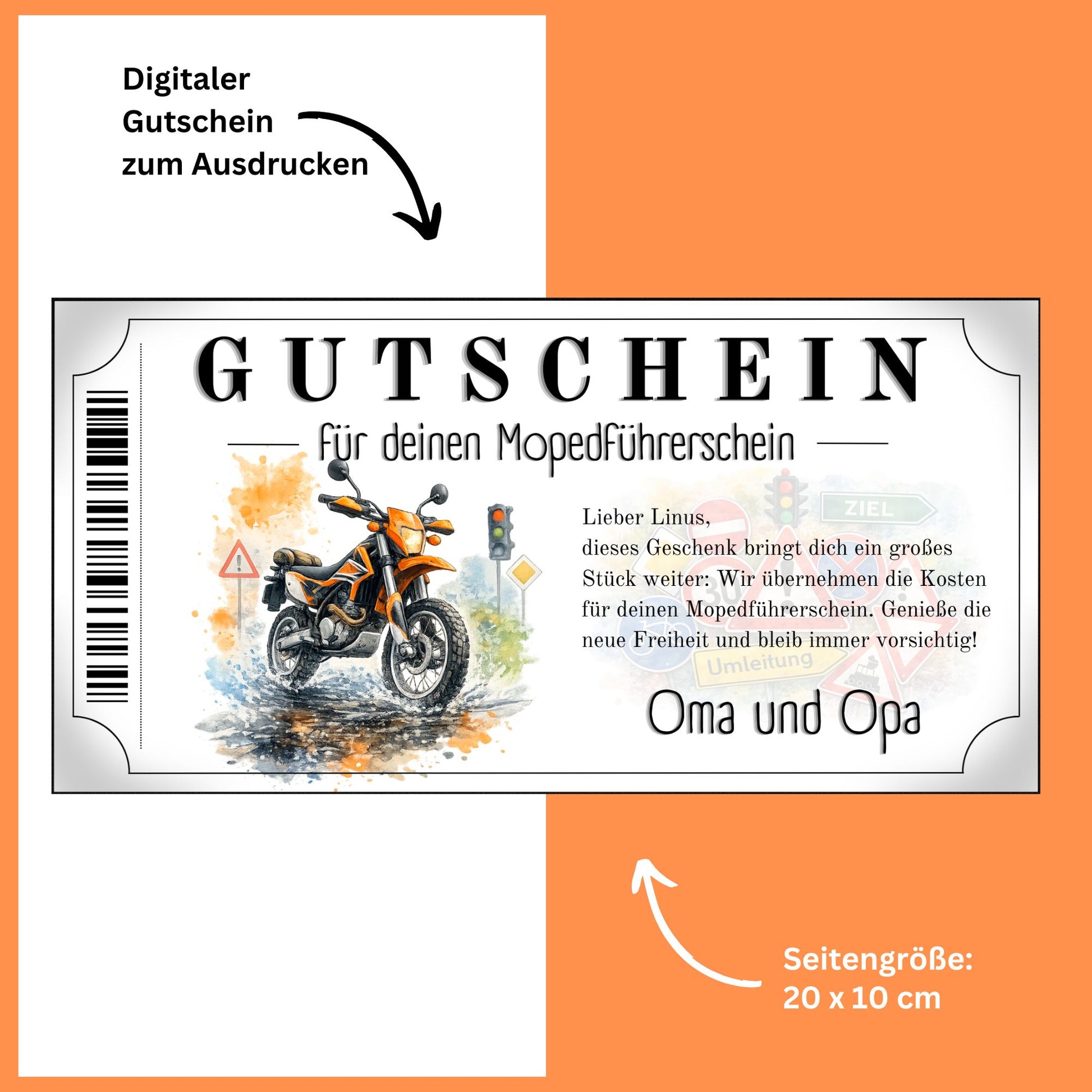 Mopedführerschein Gutschein Geschenk Großeltern oranges Enduro-Design Aquarell