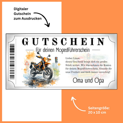 Mopedführerschein Gutschein Geschenk Großeltern oranges Enduro-Design Aquarell