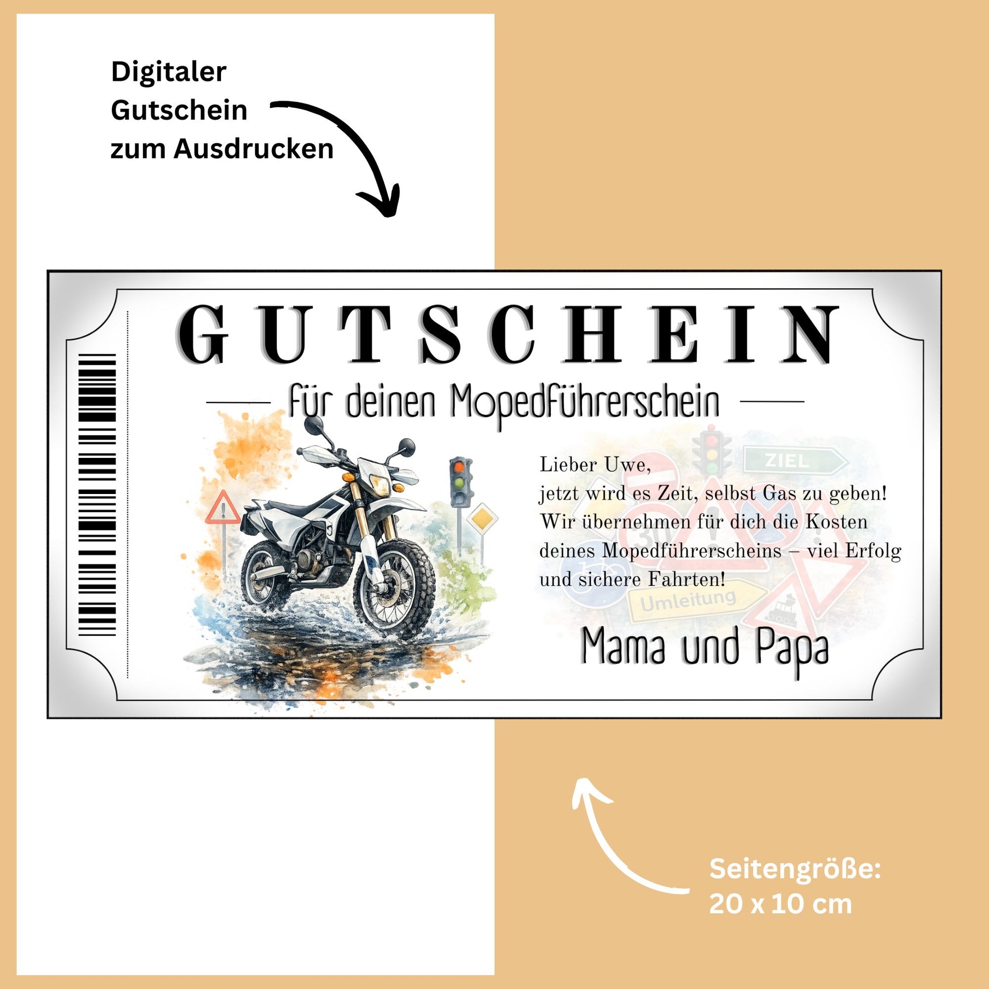 Mopedführerschein Gutschein Geschenk Eltern sportliches Enduro-Design Aquarell