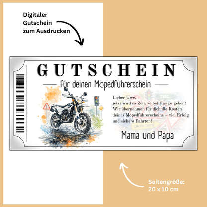 Mopedführerschein Gutschein Geschenk Eltern sportliches Enduro-Design Aquarell
