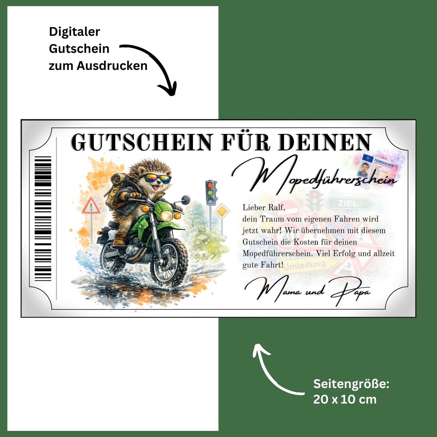 Mopedführerschein Gutschein Igel Sonnenbrille digital sofort Download