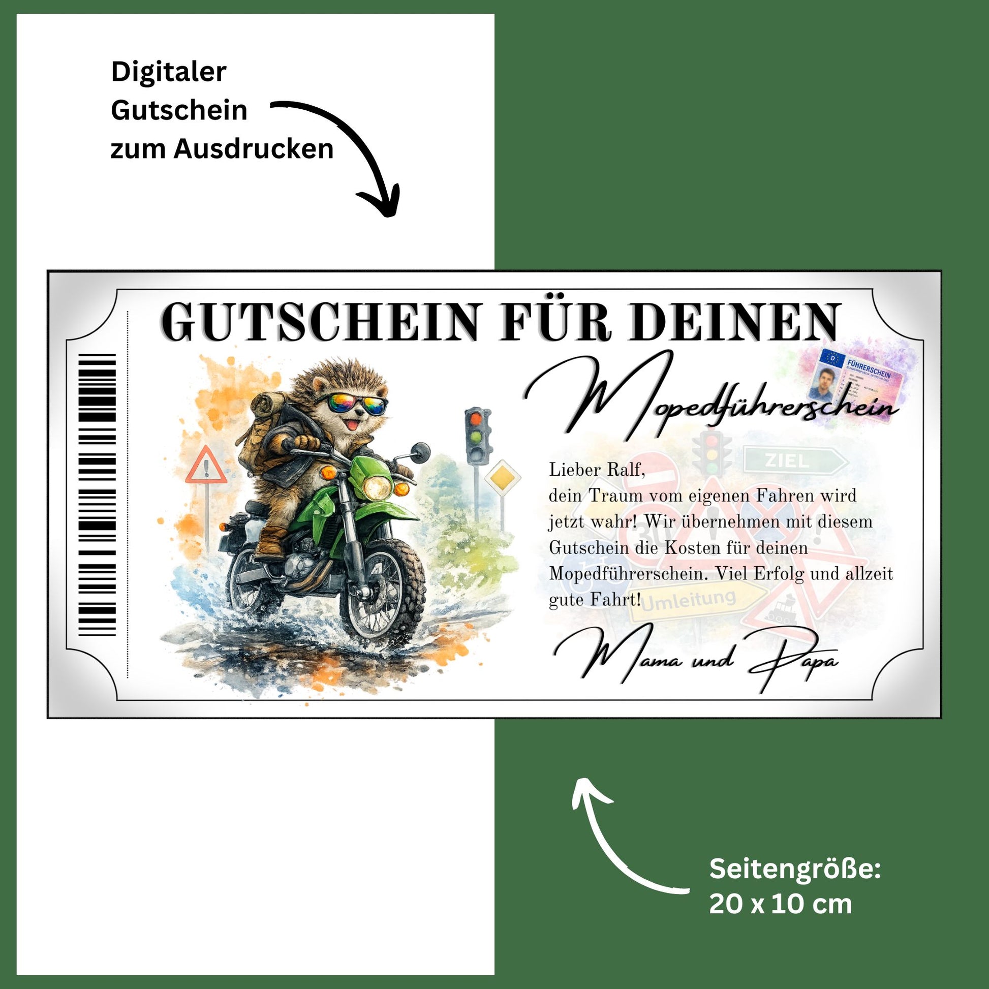 Mopedführerschein Gutschein Igel Sonnenbrille digital sofort Download