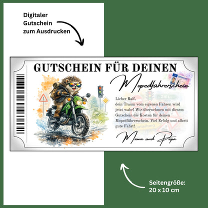 Mopedführerschein Gutschein Igel Sonnenbrille digital sofort Download