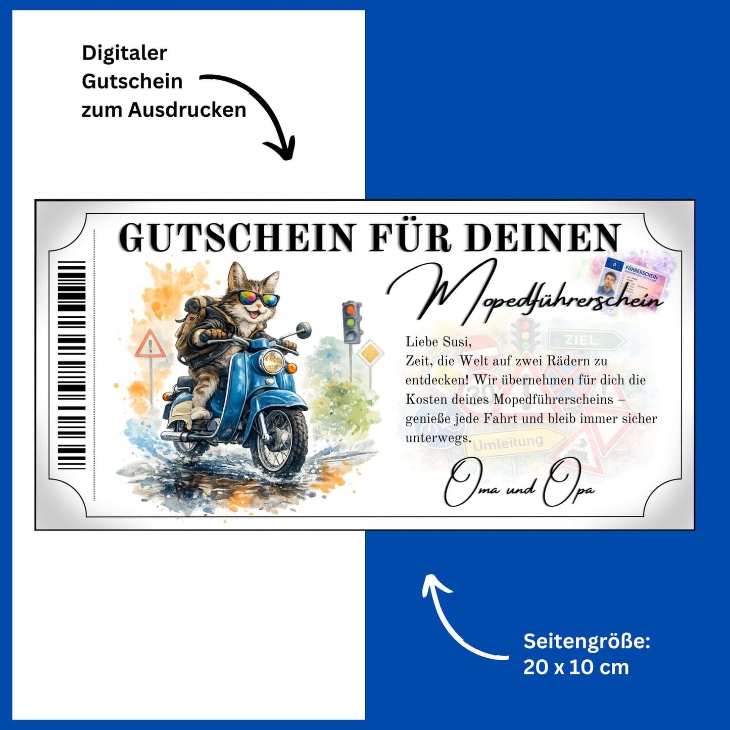Mopedführerschein Gutschein Katze Sonnenbrille digital sofort Download Schwalbe