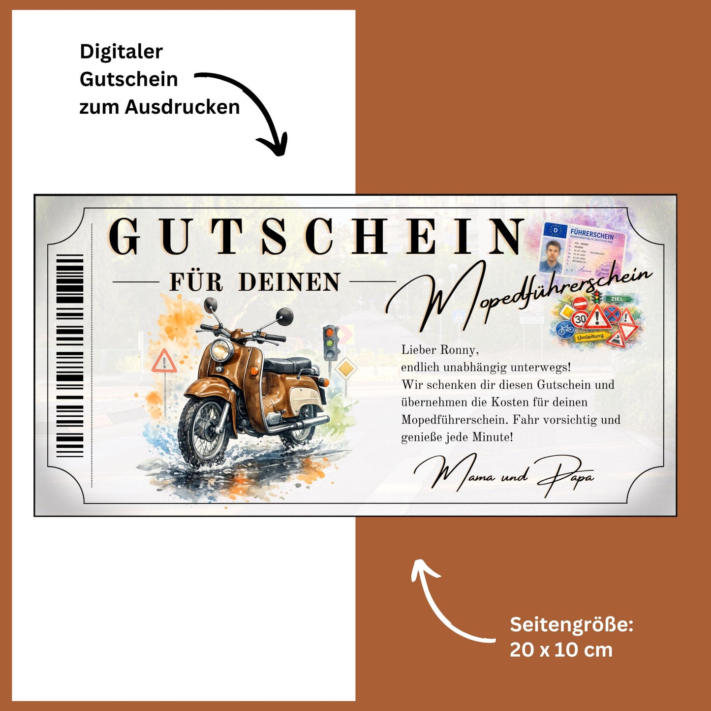 Mopedführerschein Gutschein Geschenk Eltern Simson Schwalbe bronze Aquarell