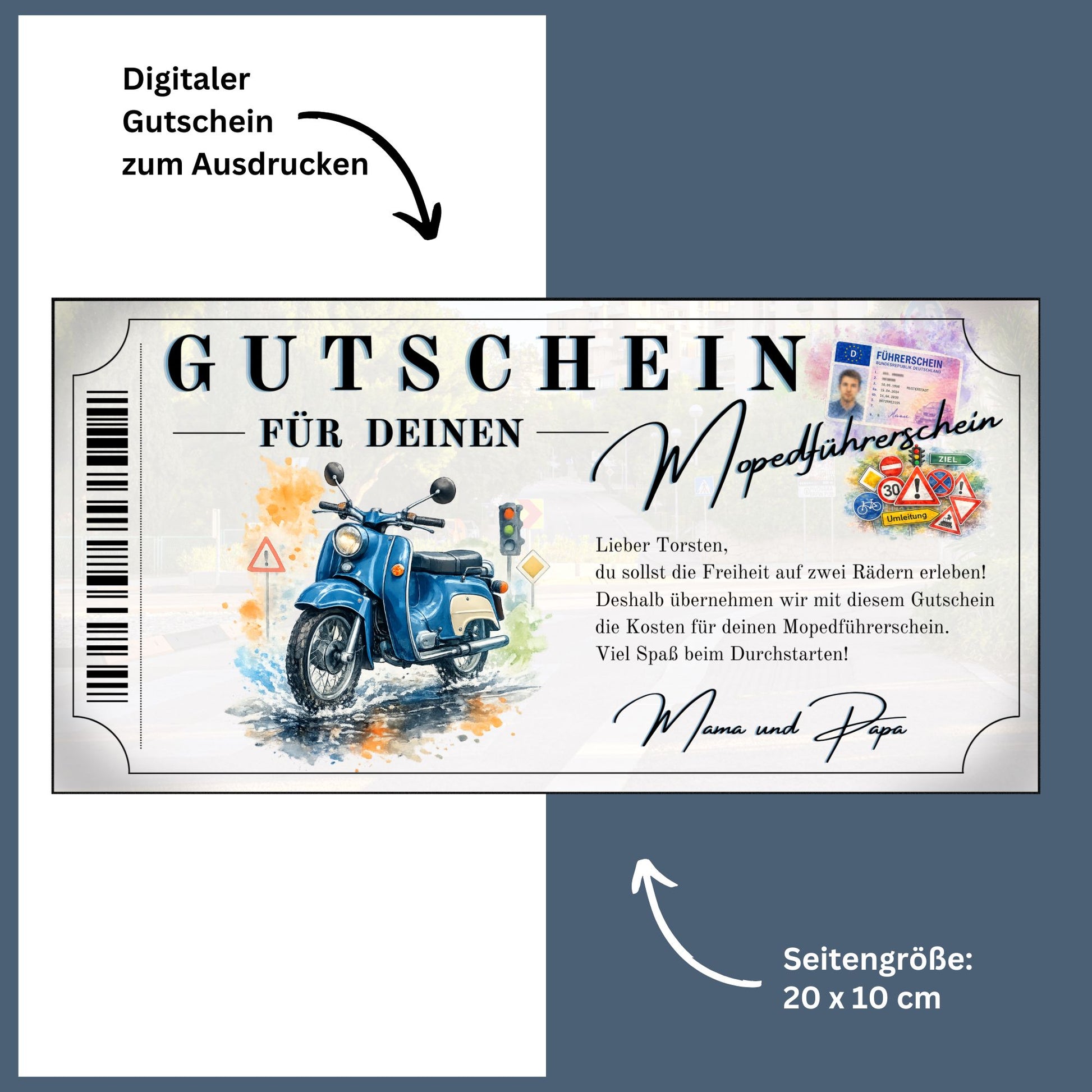 Mopedführerschein Gutschein Geschenk Eltern Simson Schwalbe blau Aquarell