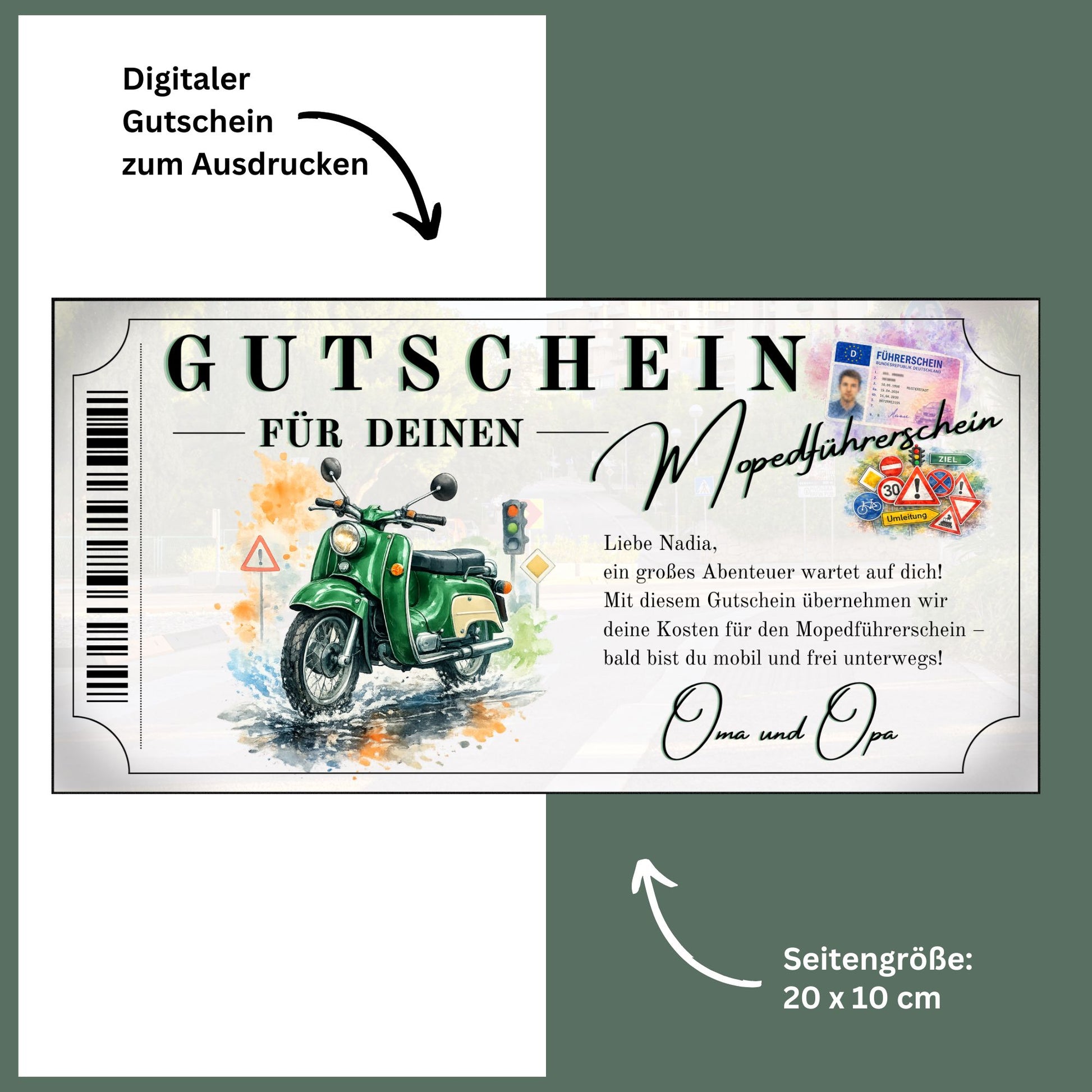 Mopedführerschein Gutschein Geschenk Großeltern Simson Schwalbe grün Aquarell