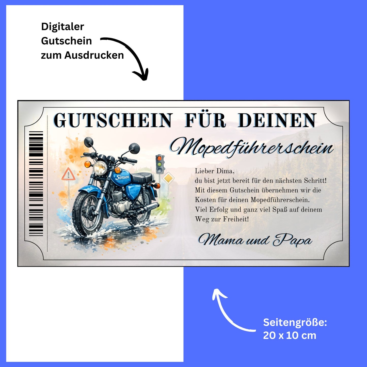 Mopedführerschein Gutschein Geschenk Eltern Simson S51 blau Aquarell