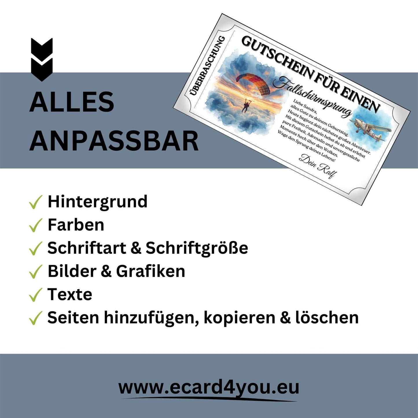 Fallschirmspringen Geschenk zum Ausdrucken mit Vintage-Flugzeug-Illustration