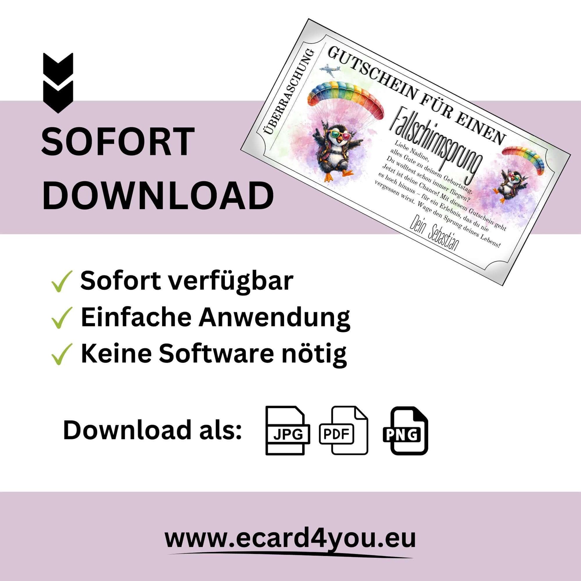 Skydiving Geschenkidee lustig als druckbare PDF mit Cartoon-Pinguin und buntem Fallschirm