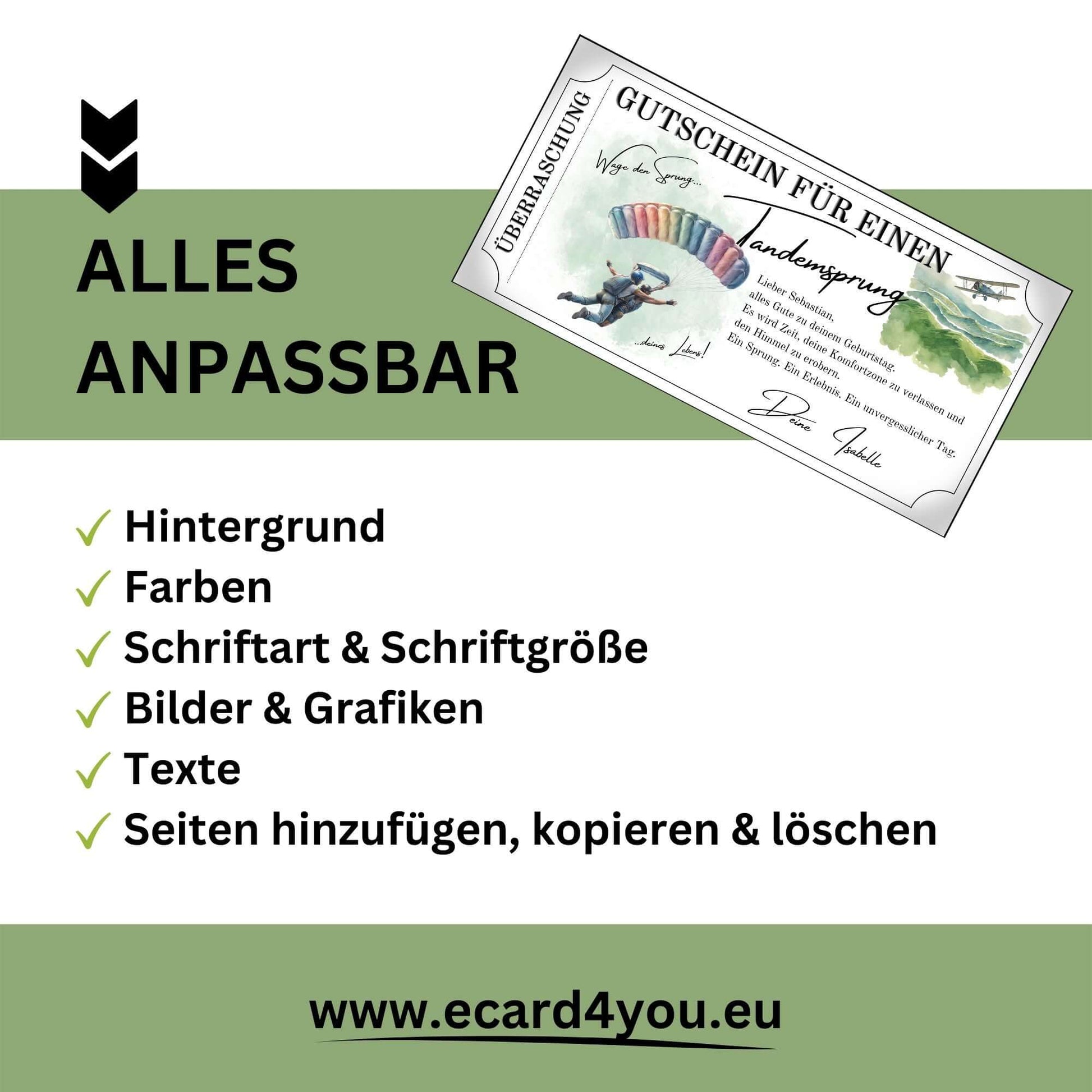 Personalisiertes Tandemsprung Gutschein Design mit anpassbaren Optionen und Informationen auf einem digitalen Gutschein.
