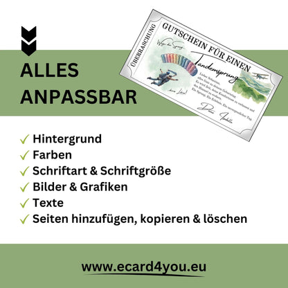 Personalisiertes Tandemsprung Gutschein Design mit anpassbaren Optionen und Informationen auf einem digitalen Gutschein.