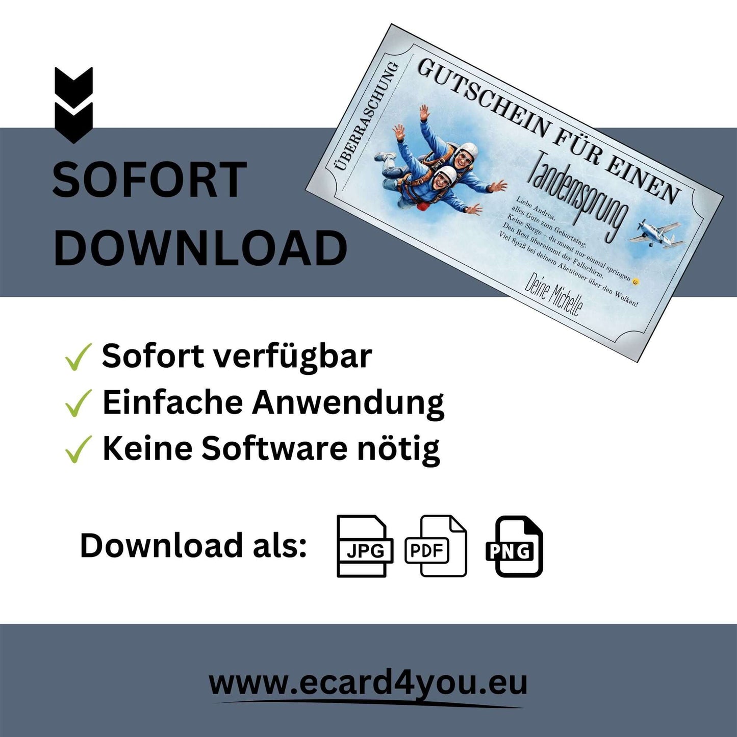 Tandemsprung Gutschein Vorderseite mit ausgebreiteten Armen und Propellerflugzeug im Coupon-Format