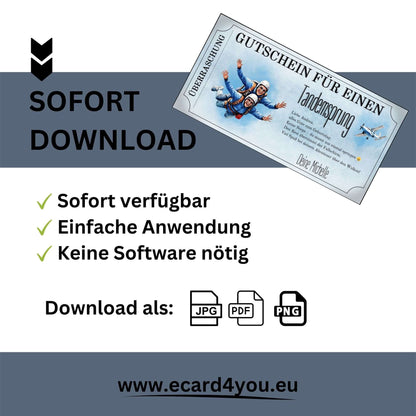 Tandemsprung Gutschein Vorderseite mit ausgebreiteten Armen und Propellerflugzeug im Coupon-Format