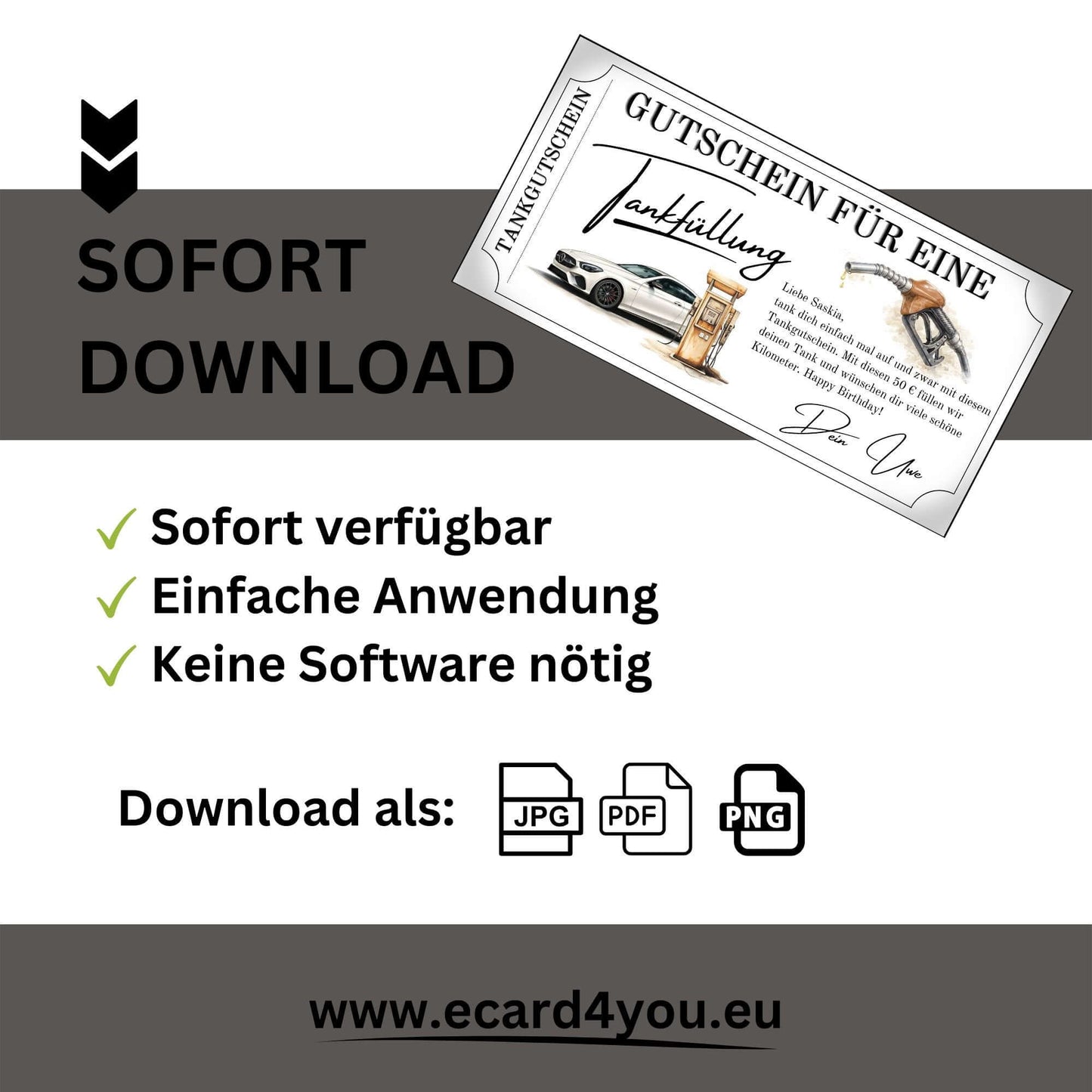 Tankgutschein Geschenk – Sofort downloadbar als JPG, PDF oder PNG für eine einfache Anwendung.