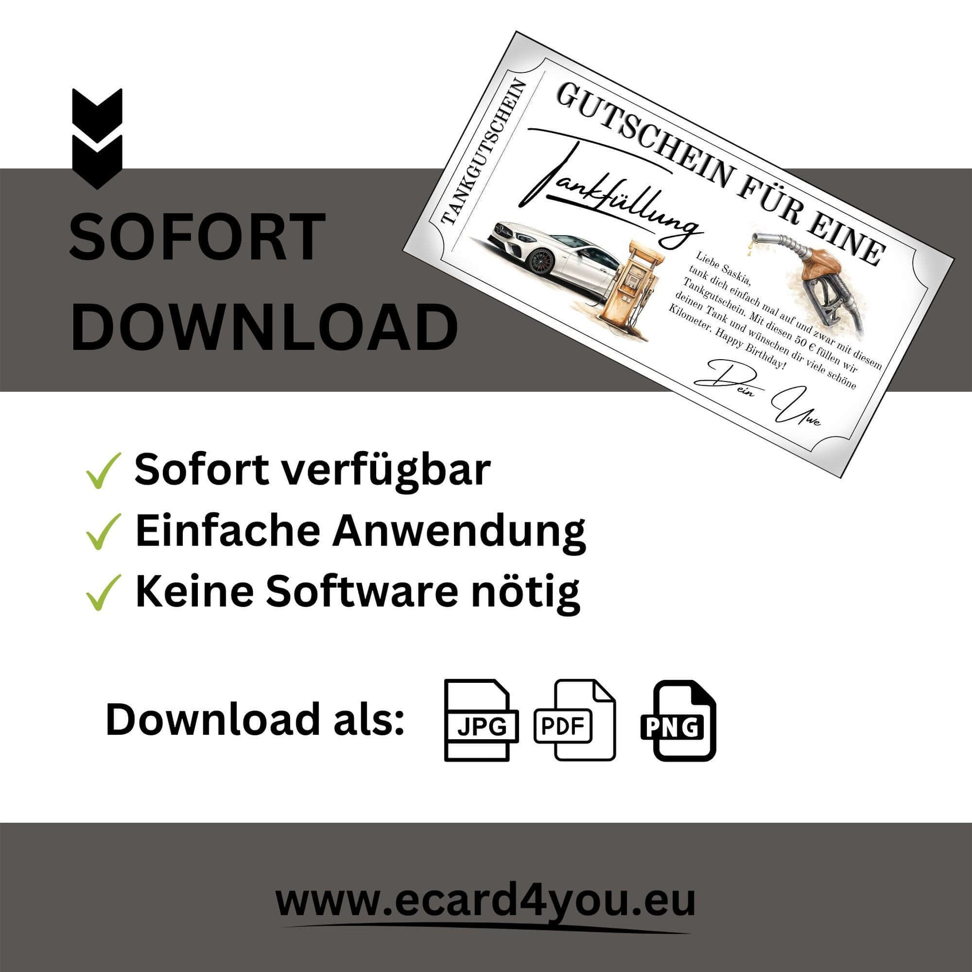 Tankgutschein Geschenk – Sofort downloadbar als JPG, PDF oder PNG für eine einfache Anwendung.