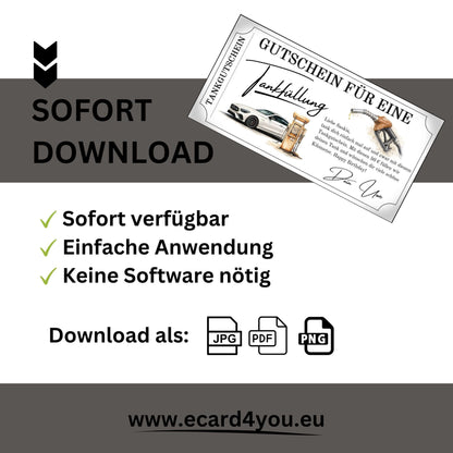 Tankgutschein Geschenk – Sofort downloadbar als JPG, PDF oder PNG für eine einfache Anwendung.