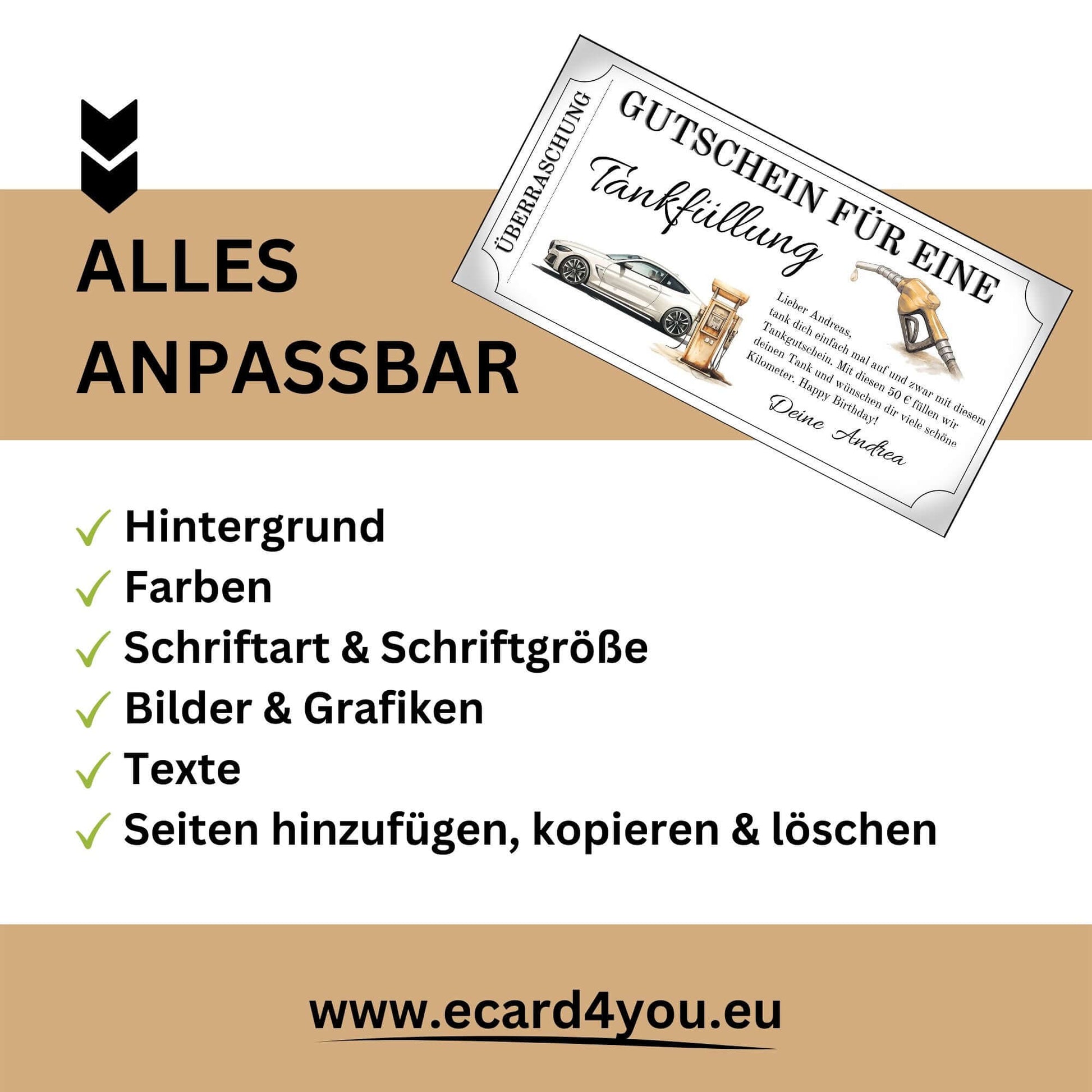 Tankgutschein für Männer – anpassbarer Gutschein zur Tankfüllung mit verschiedenen Designoptionen