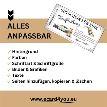 Tankgutschein für Männer – anpassbarer Gutschein zur Tankfüllung mit verschiedenen Designoptionen