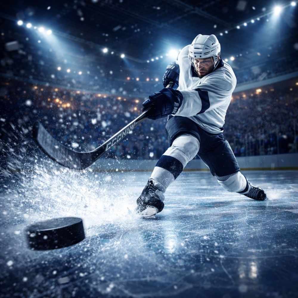 Dynamische Eishockey-Szene mit Spieler beim Schuss als Vorlage für einen individuellen Gutschein Eishockey