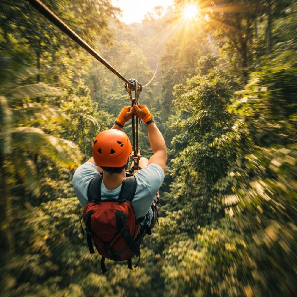 Person auf Zipline durch tropischen Regenwald – Erlebnisgutschein für Abenteuer sofort digital gestalten