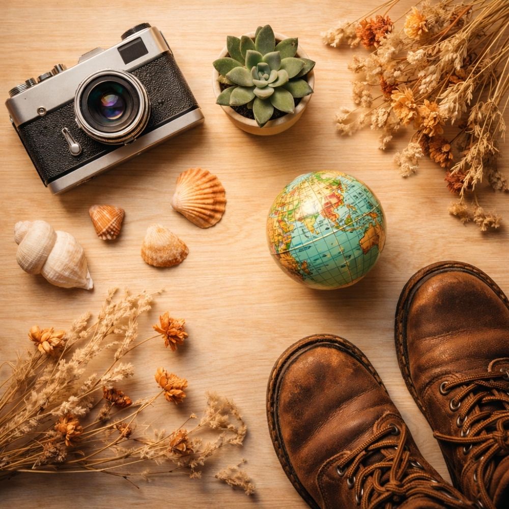 Kreatives Reise-Flatlay mit Kamera, Miniatur-Globus, Muscheln und Wanderschuhen auf Holztisch – stimmungsvolles Bild für einen Erlebnisgutschein Ausflug verschenken