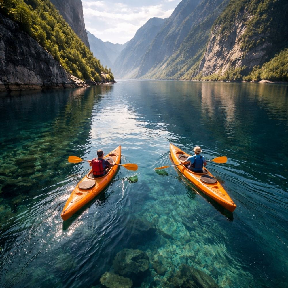 Zwei Personen im Kajak im Fjord mit steilen Felswänden – Erlebnisse & Abenteuer Gutschein selbst personalisieren