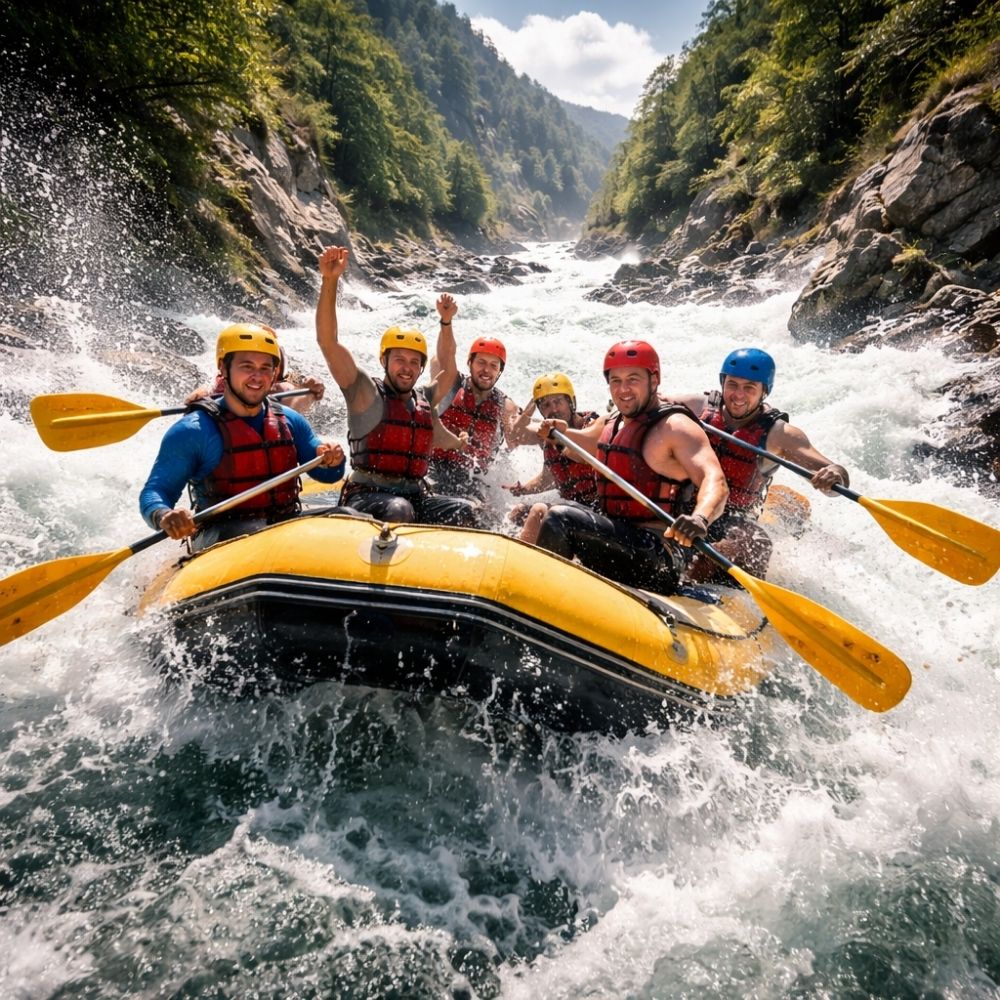  Gruppe beim Wildwasser-Rafting in einer Schlucht – Erlebnisgutschein für Outdoor-Abenteuer selbst gestalten