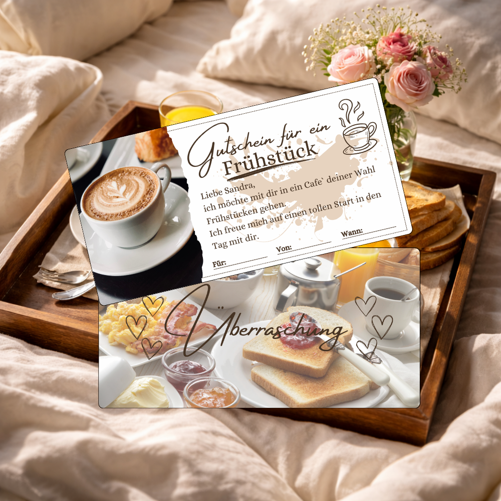 Romantisches Frühstück im Bett mit Kaffee, Toast und frischem Orangensaft auf einem Holztablett – Frühstück Gutschein verschenken von eCARD4you