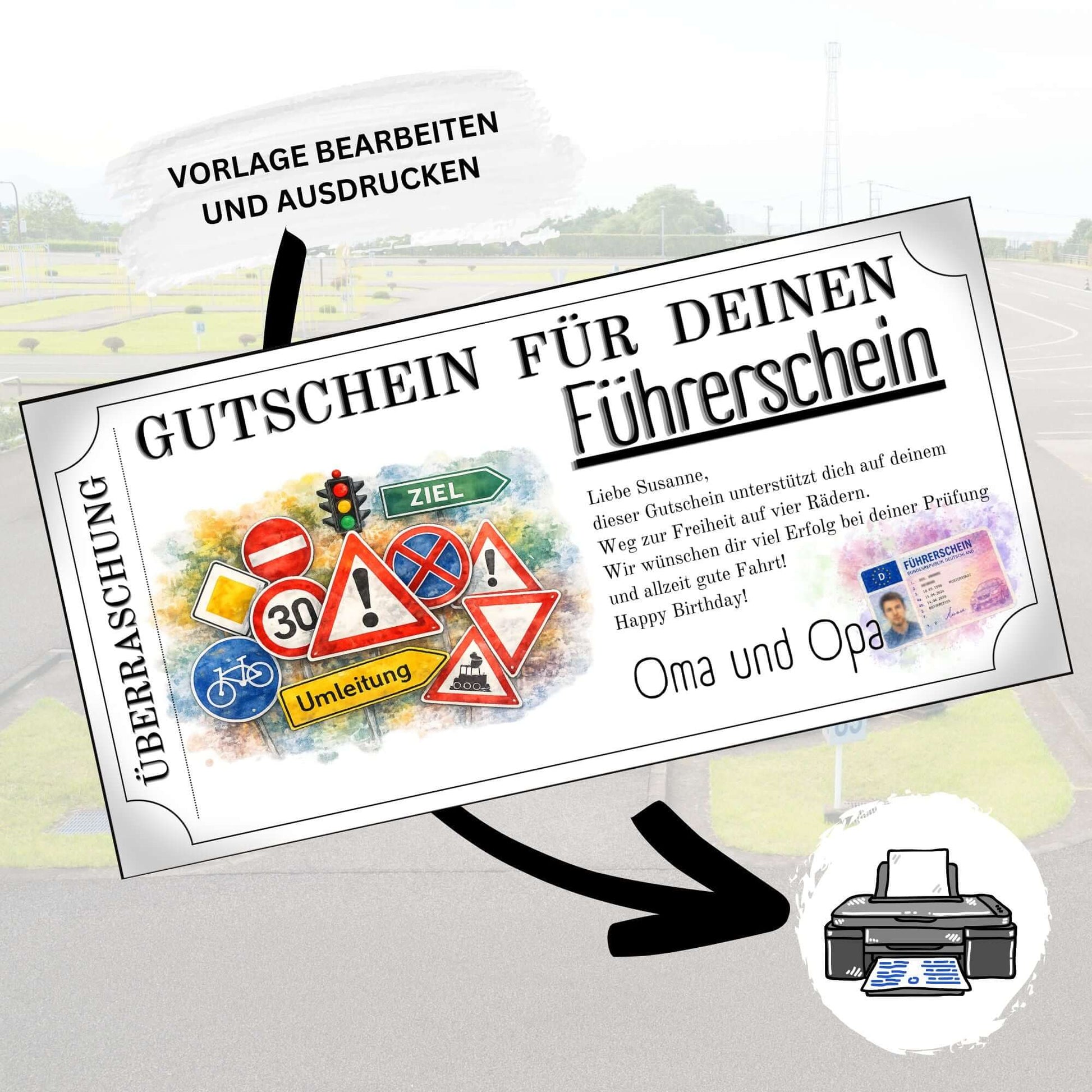 Kreatives Führerschein Geschenk von Oma und Opa mit Verkehrsschilder-Illustration