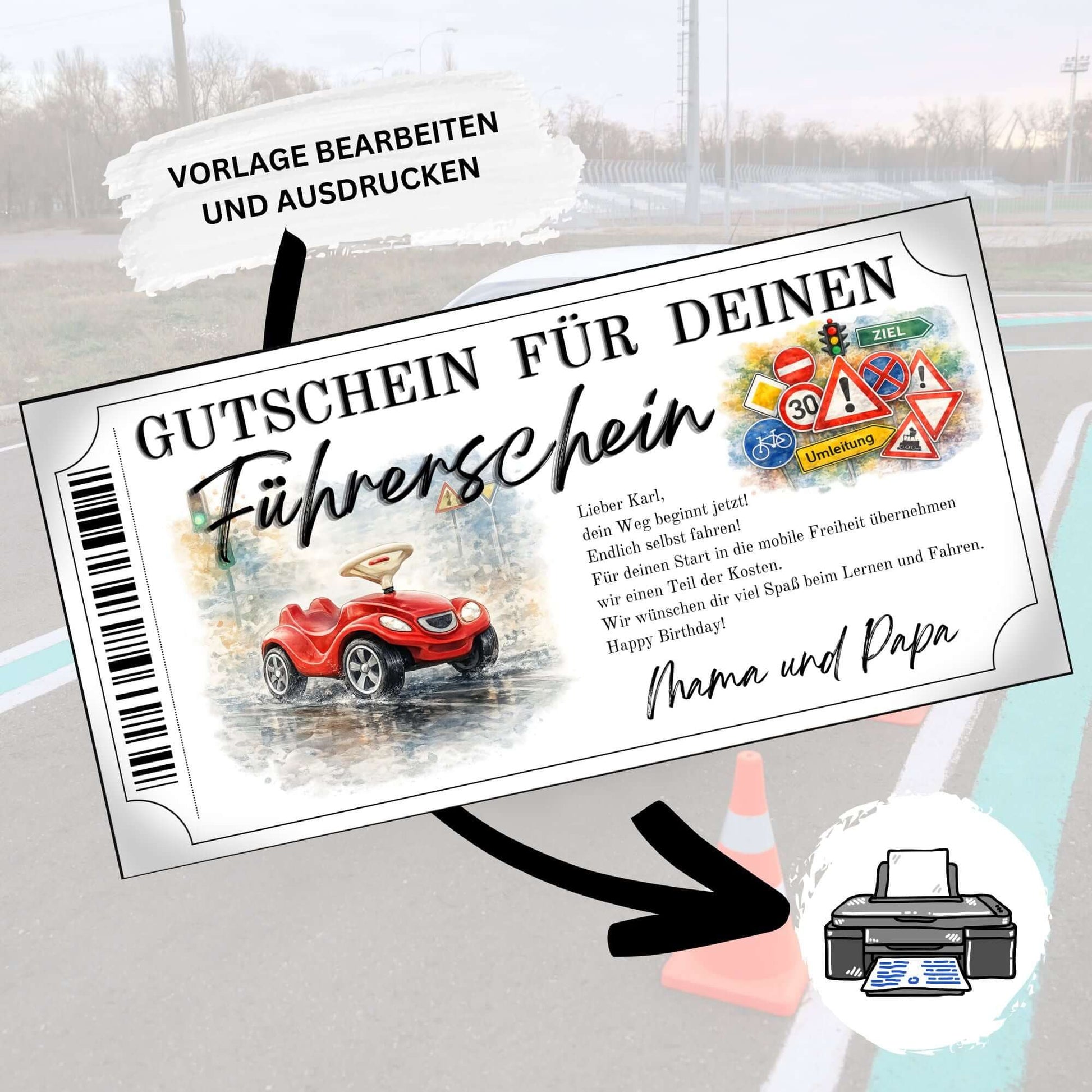 Führerschein Gutschein Bobby-Car als lustiges Geburtstagsgeschenk von Mama und Papa gestalten
