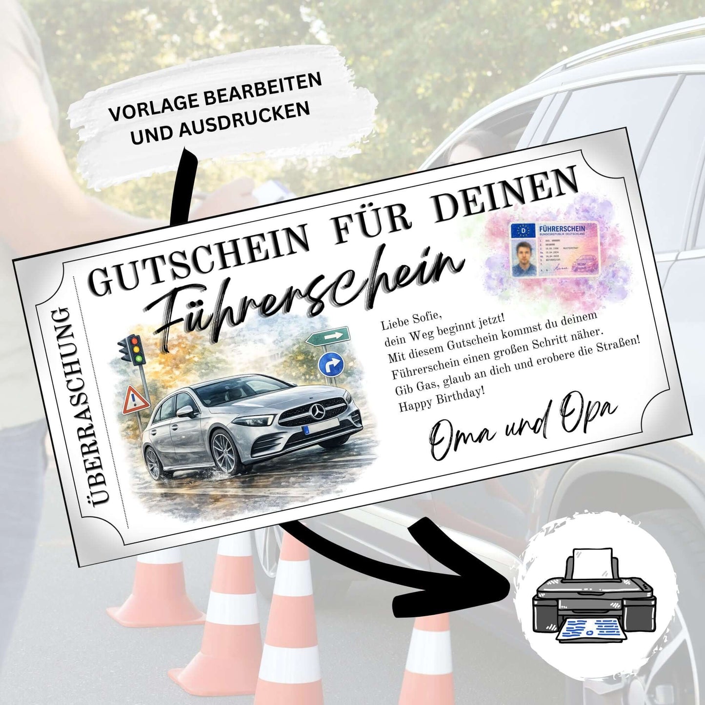 Führerschein Gutschein elegant als Geschenk von Oma und Opa zum Geburtstag gestalten