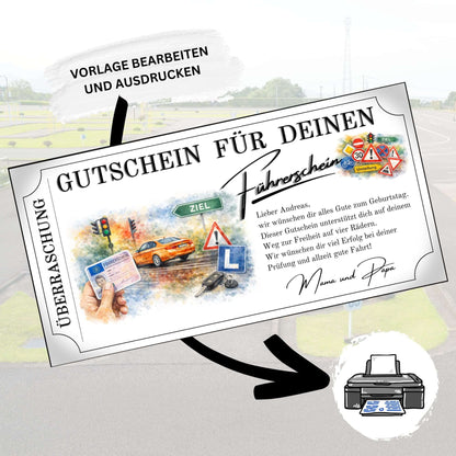 Überraschungs-Gutschein für den Führerschein im handgemalten Aquarell-Stil als Geschenkidee