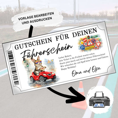 Führerschein Gutschein Hase als süßes Geburtstagsgeschenk von Oma und Opa gestalten