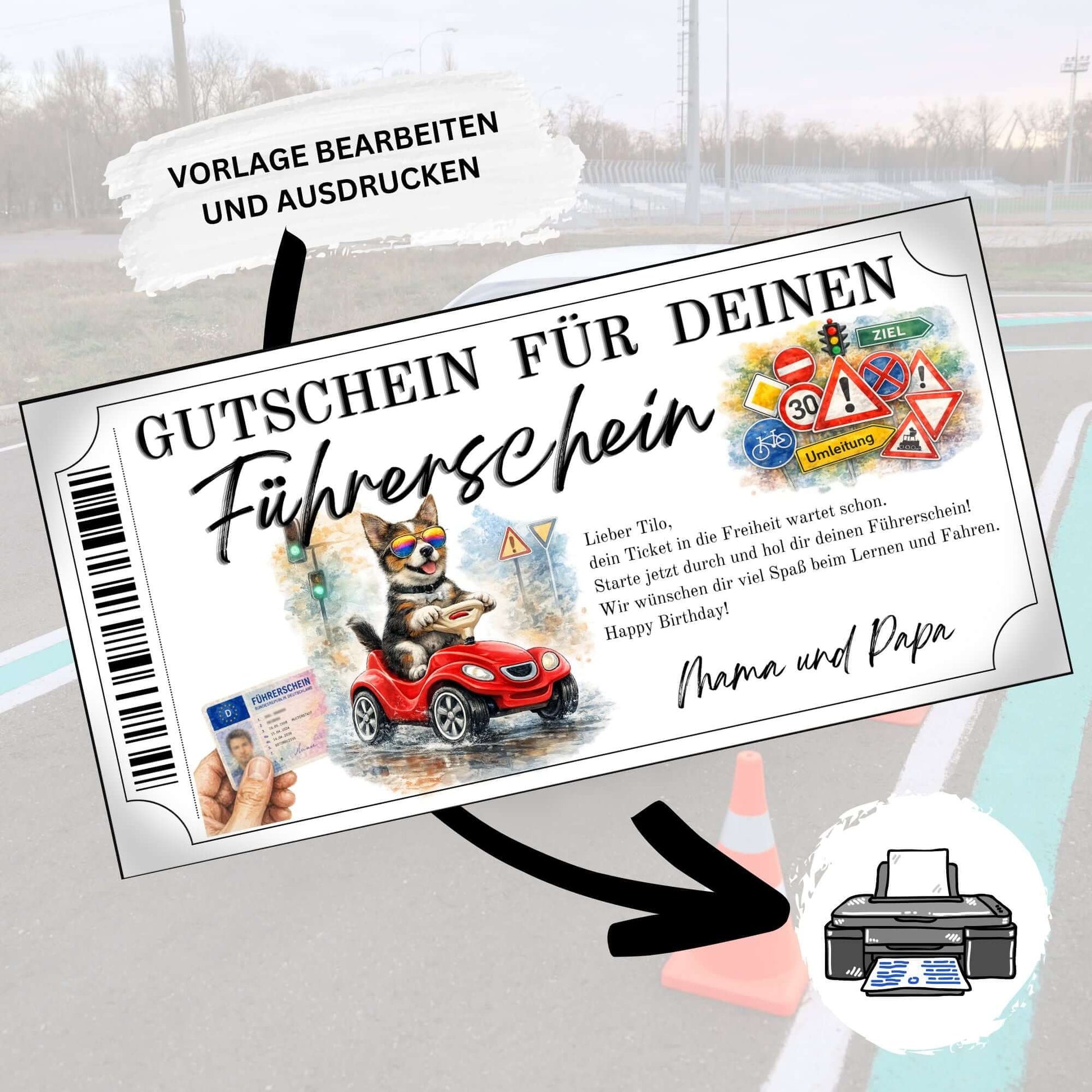 Führerschein Gutschein Hund als originelles Geburtstagsgeschenk von Mama und Papa gestalten