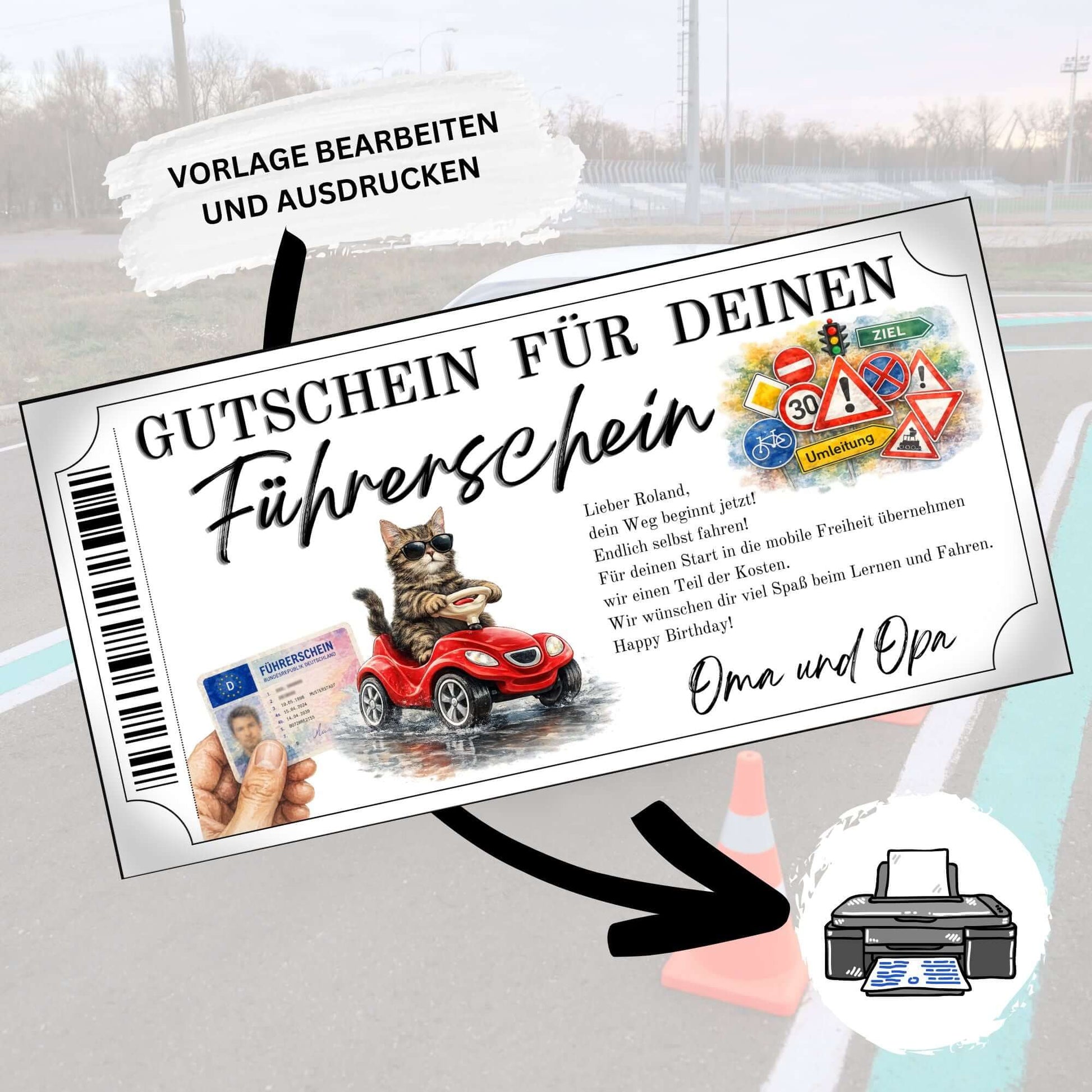 Führerschein Gutschein Katze als witziges Geburtstagsgeschenk von Oma und Opa gestalten
