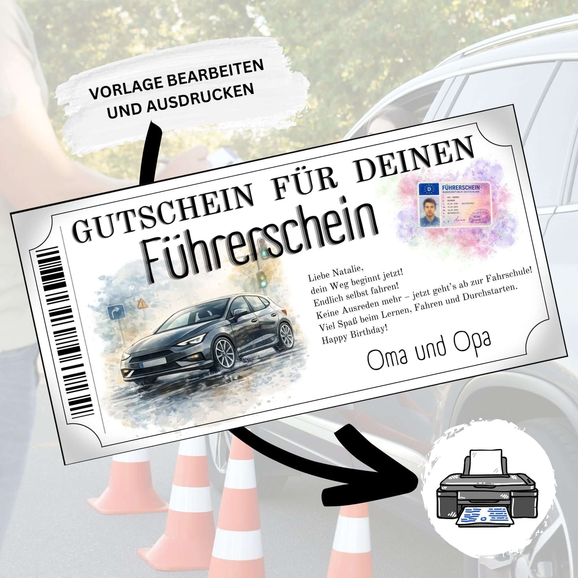 Führerschein Gutschein Durchstarten als Geburtstagsgeschenk von Oma und Opa gestalten