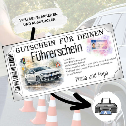 Führerschein Gutschein modern als Geburtstagsgeschenk von Mama und Papa schnell gestalten