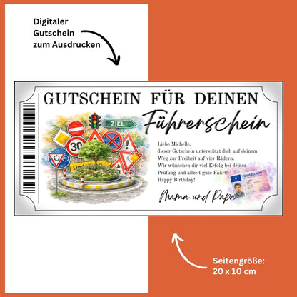 Führerschein Gutschein Vorlage Geschenkidee von Mama und Papa zum Geburtstag
