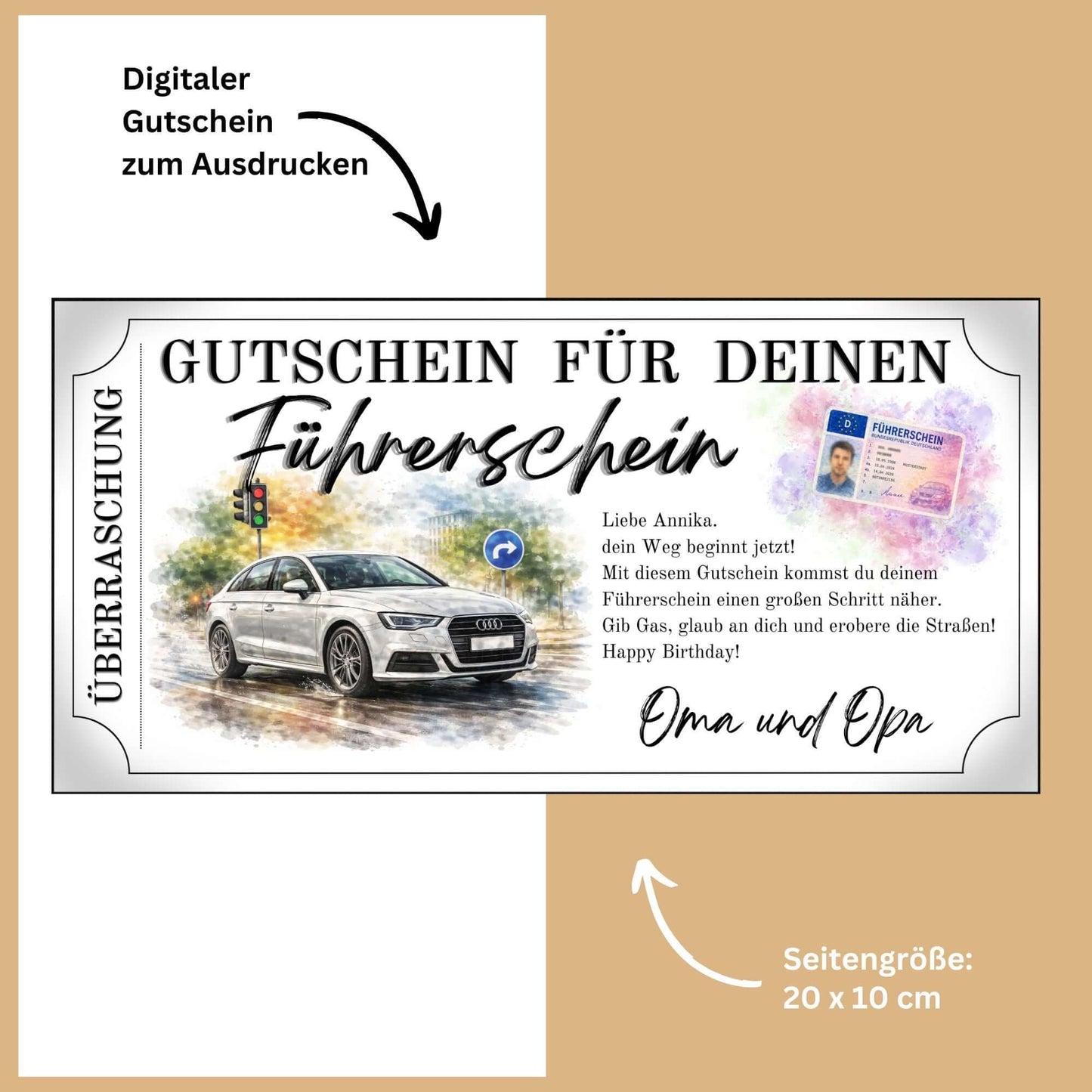 Führerschein Gutschein Auto-Motiv Canva Vorlage mit eleganter weißer Limousine