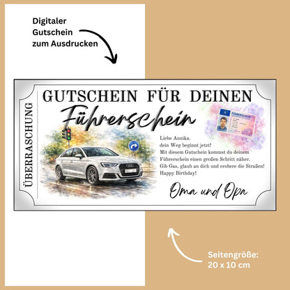 Führerschein Gutschein Auto-Motiv Canva Vorlage mit eleganter weißer Limousine
