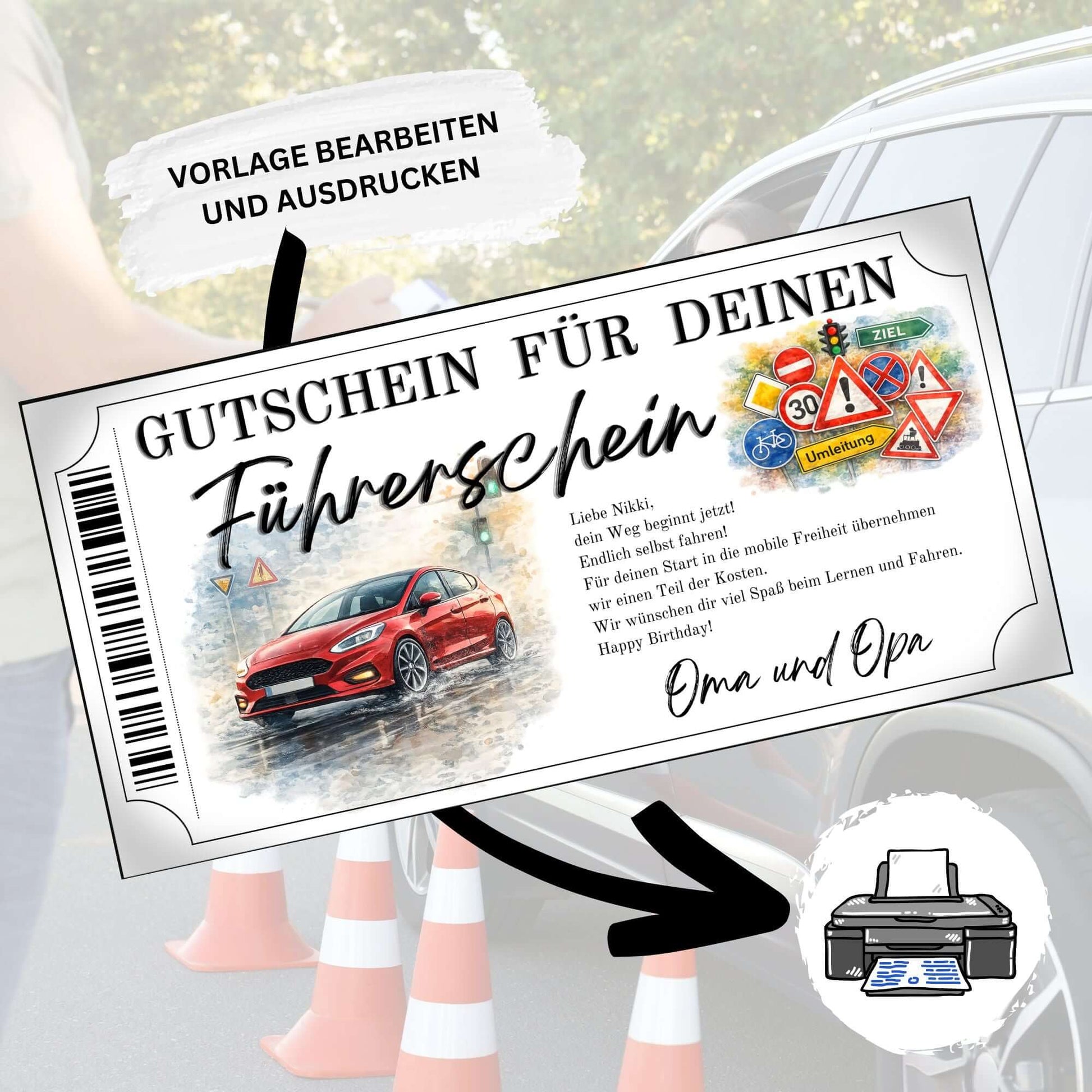 Führerschein Gutschein rotes Auto als Geburtstagsgeschenk von Oma und Opa gestalten