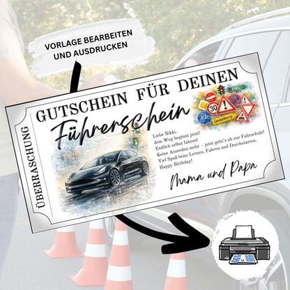 Führerschein Gutschein E-Auto als Geburtstagsgeschenk von Mama und Papa gestalten