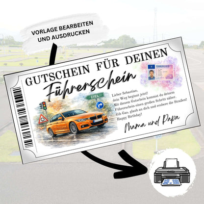 Führerschein Gutschein Sportwagen als Geburtstagsgeschenk von Mama und Papa gestalten