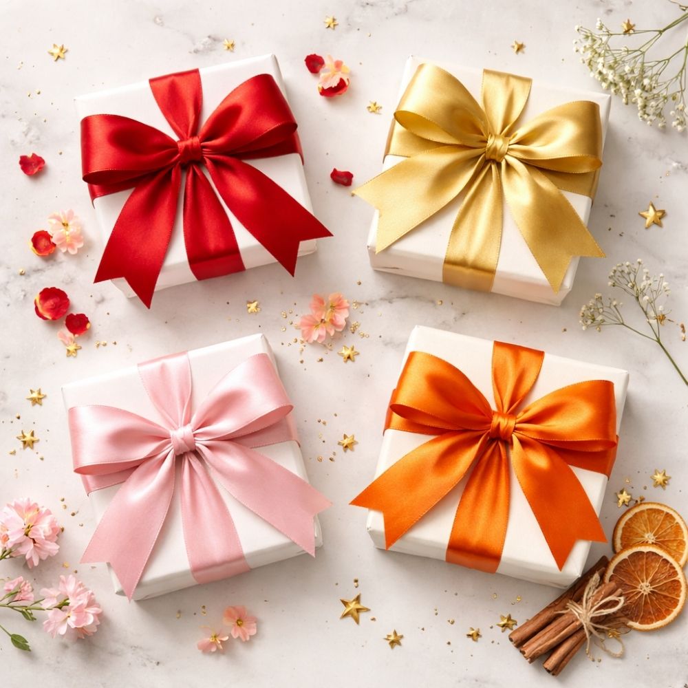 Elegante Geschenkschleifen in saisonalen Farben auf Marmortisch – festliche Gutscheinvorlagen zum Ausdrucken bei eCARD4you
