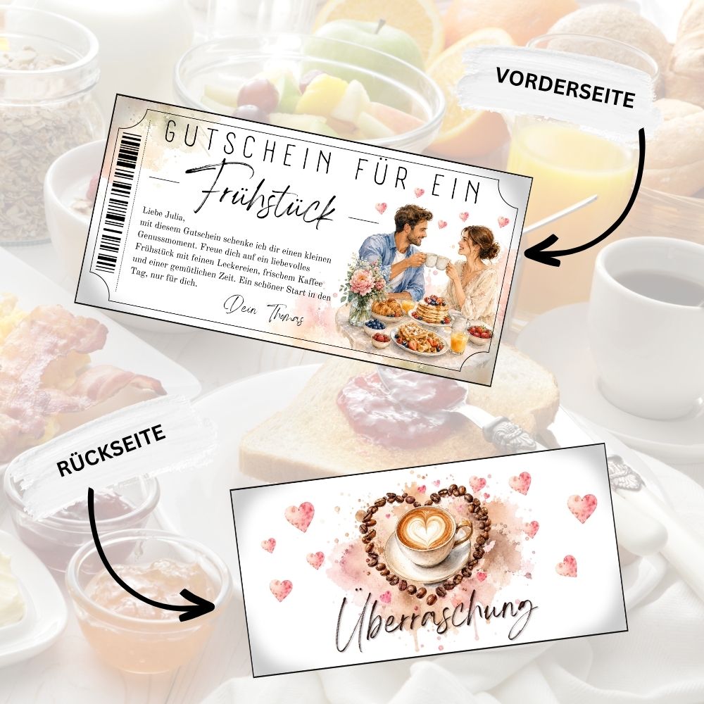 Frühstücksgutschein mit Paar beim Anstoßen der Kaffeetassen