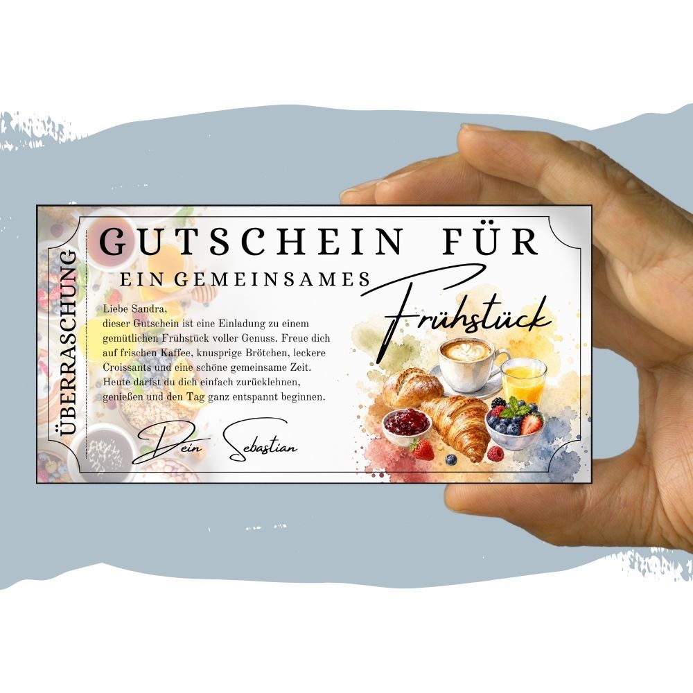 Frühstücksgutschein im Aquarell-Stil mit Croissant und Orangensaft