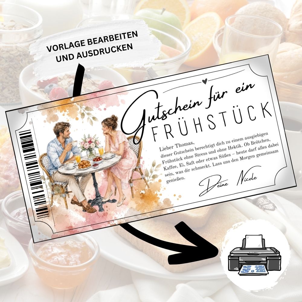 Frühstücksgutschein mit Blumenstrauß auf dem Tisch