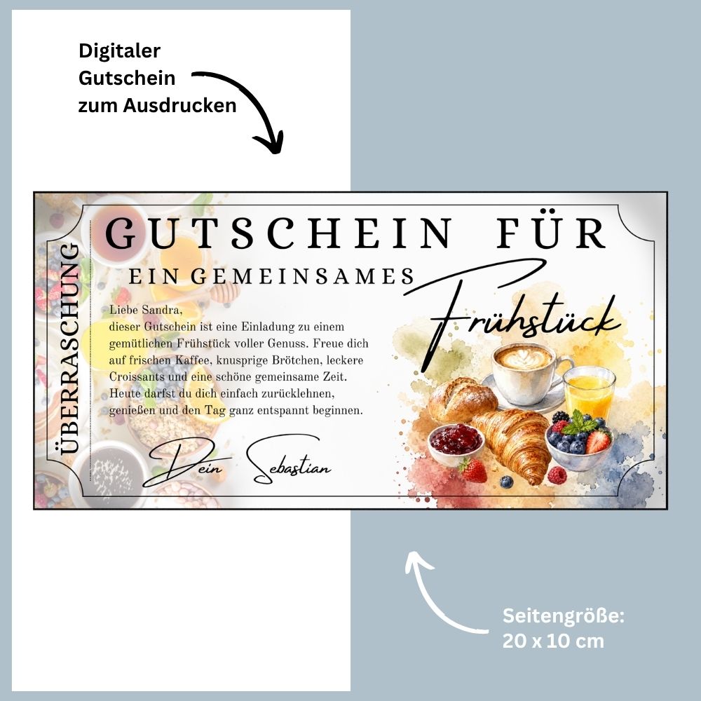 Frühstücksgutschein als sofort Download – druckfertig und personalisierbar